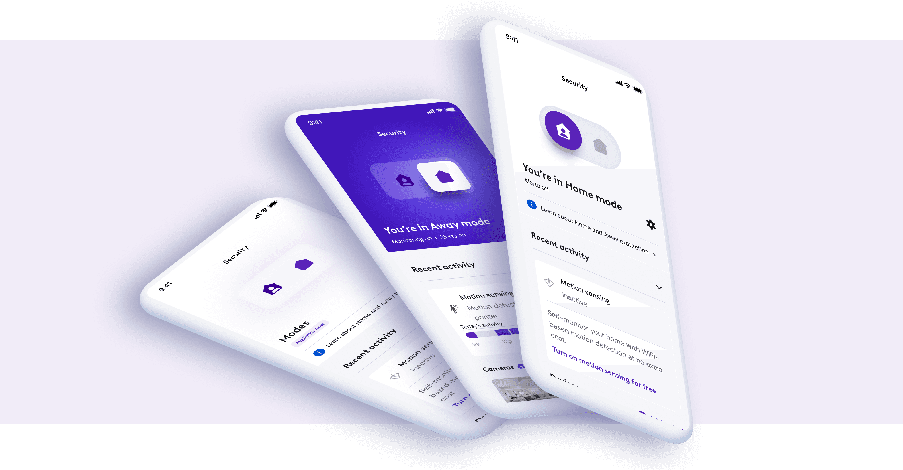 The redesigned Xfinity Home Security experience across phone screens