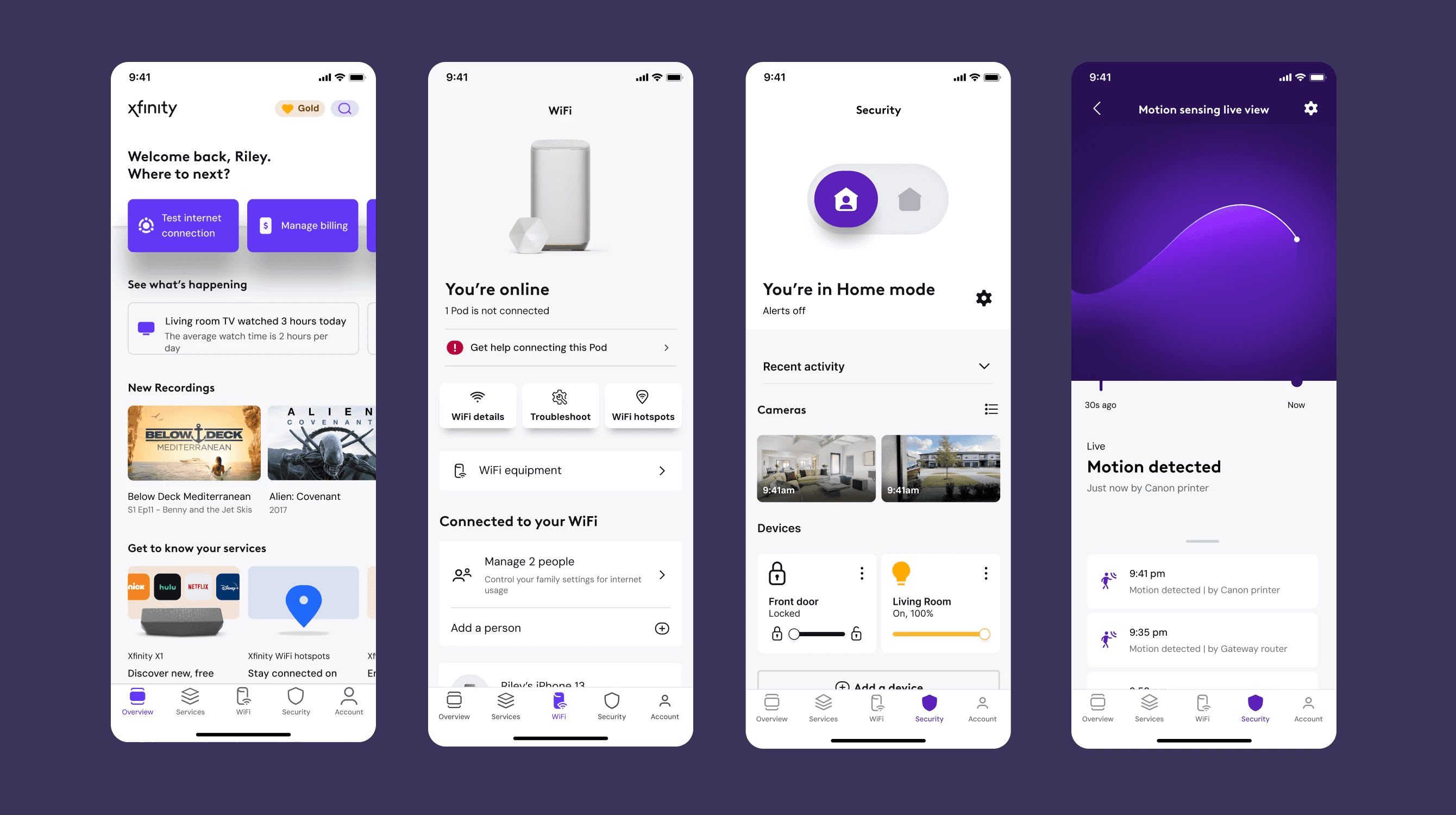 The Home Security tab today — a dense surface of features and promotions