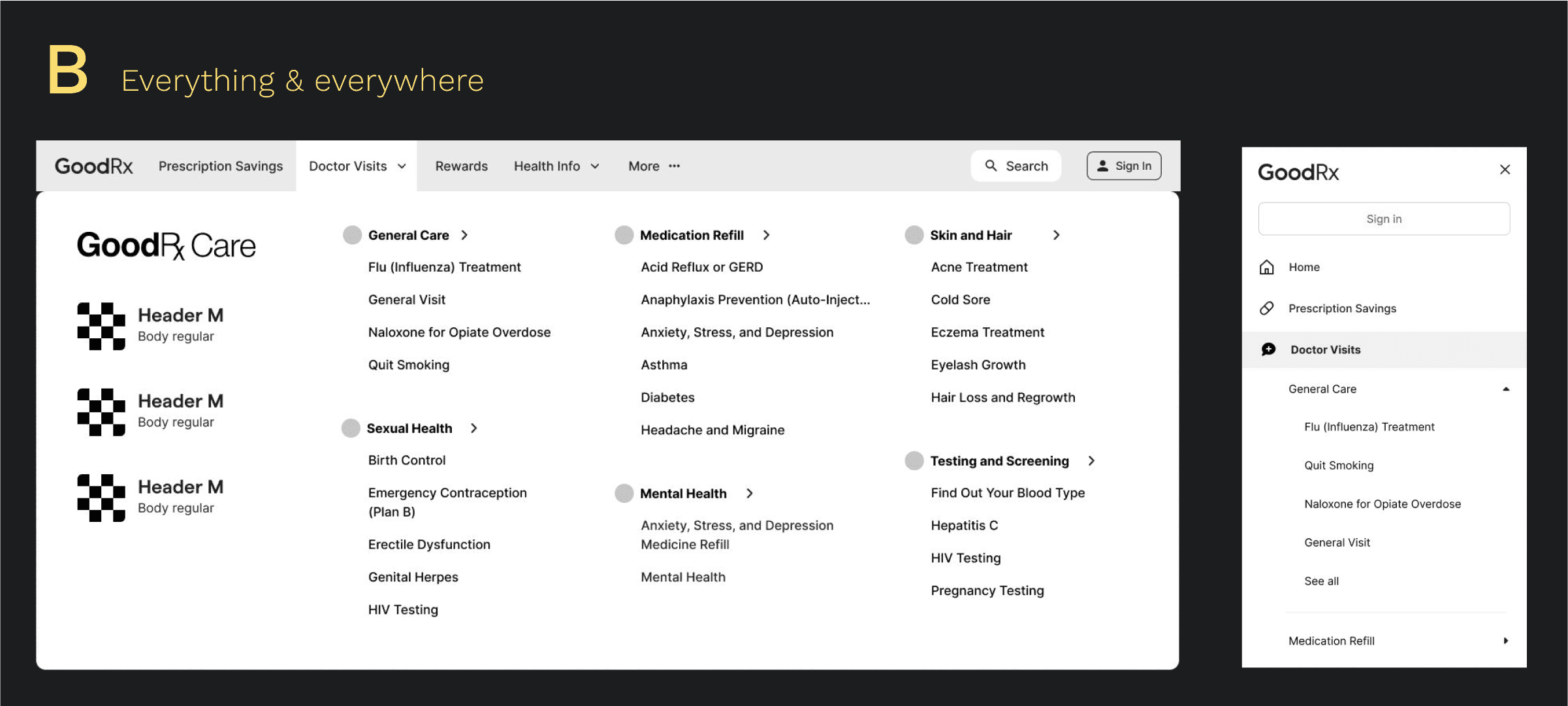 Option B — a full mega-menu exposing every secondary and tertiary link