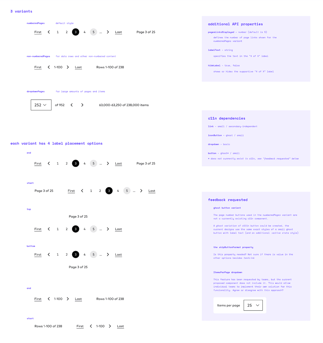 Design exploration — pagination variants and label-placement options
