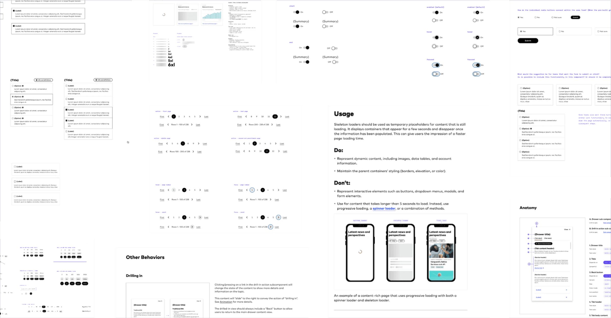 A wall of design-system artifacts — specs, anatomy, usage guidance, and behaviors