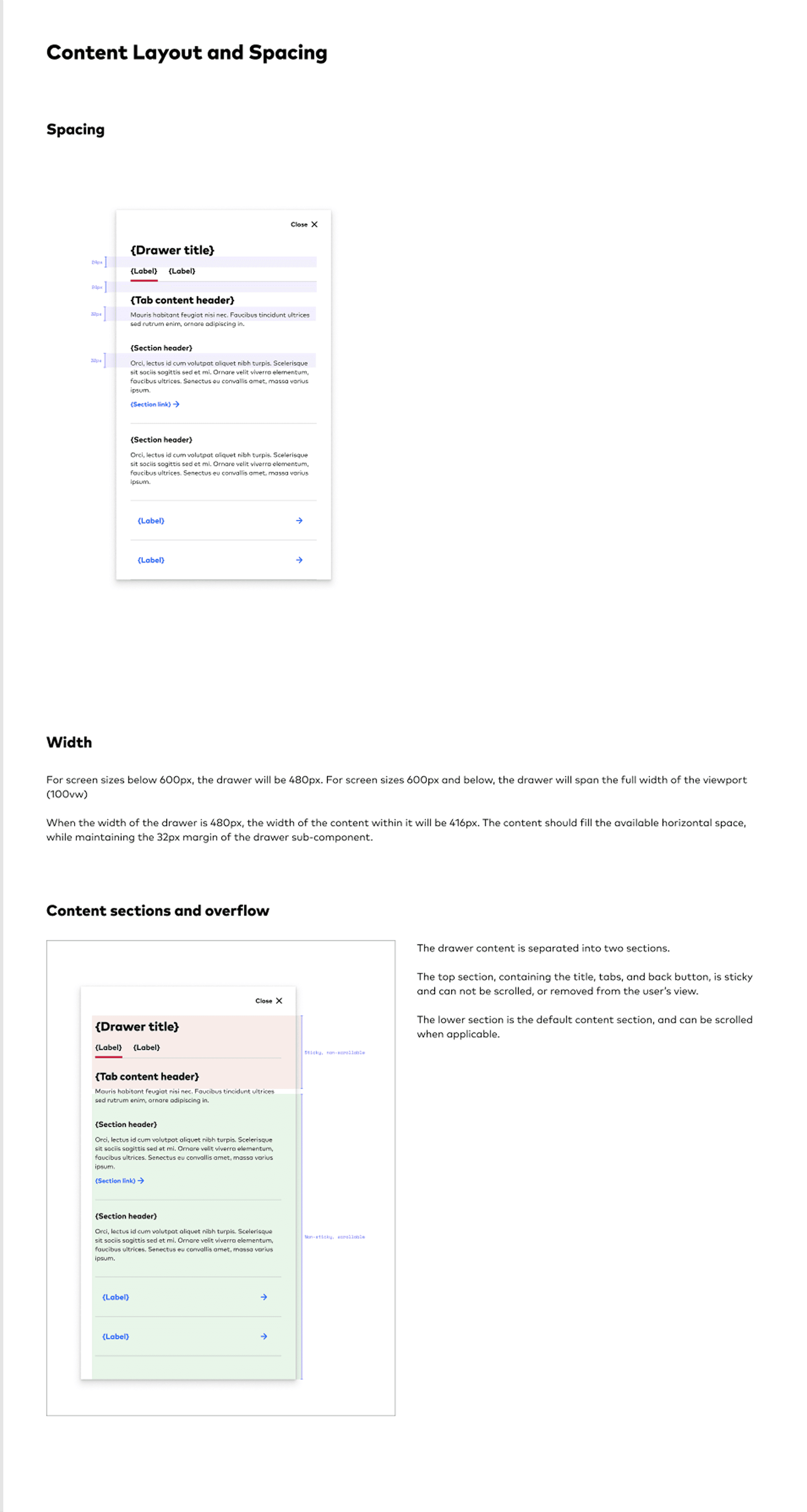 Content layout and spacing — drawer measurements, width rules, and the sticky versus scrollable content sections