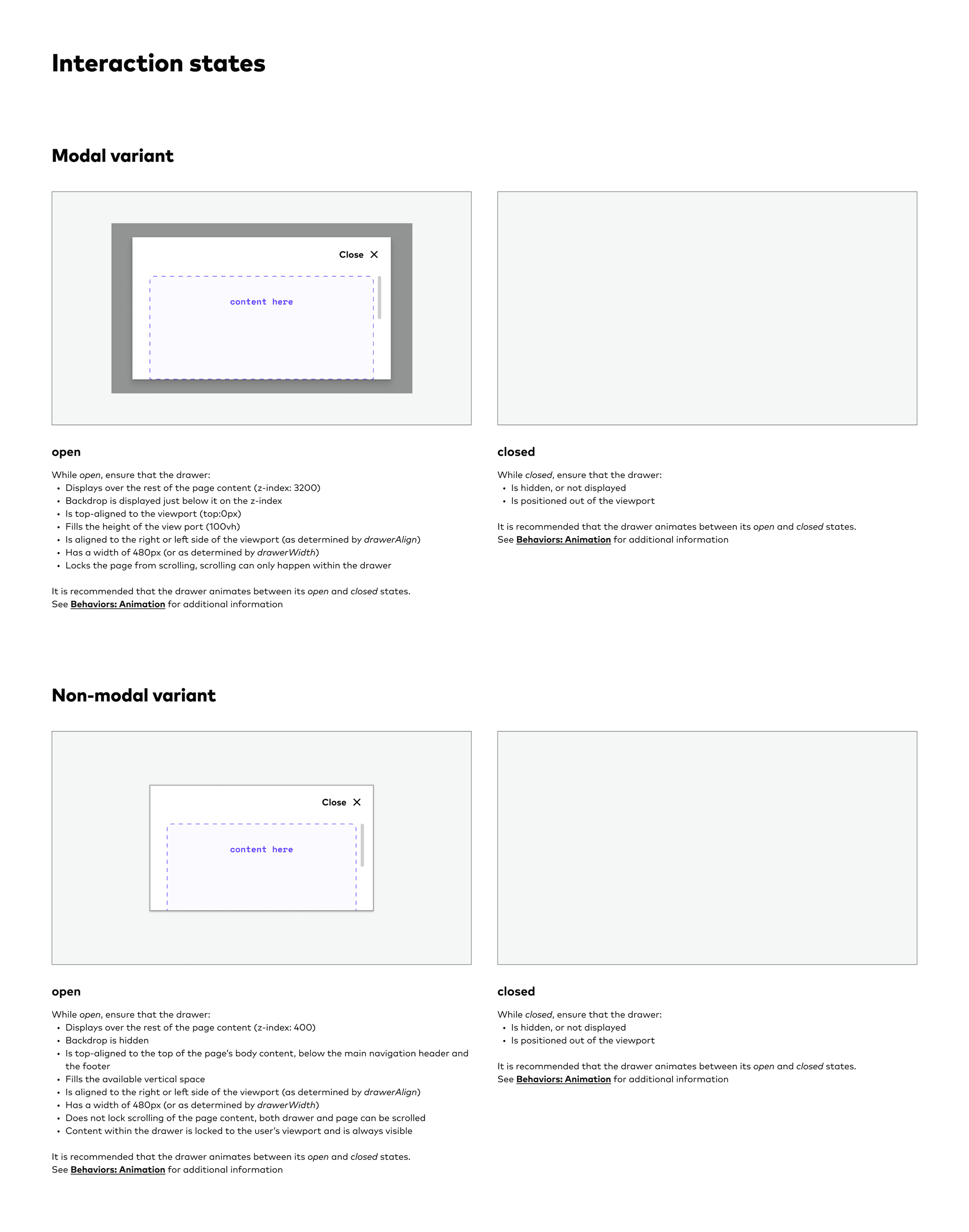 Interaction states — modal and non-modal drawer variants in their open and closed states