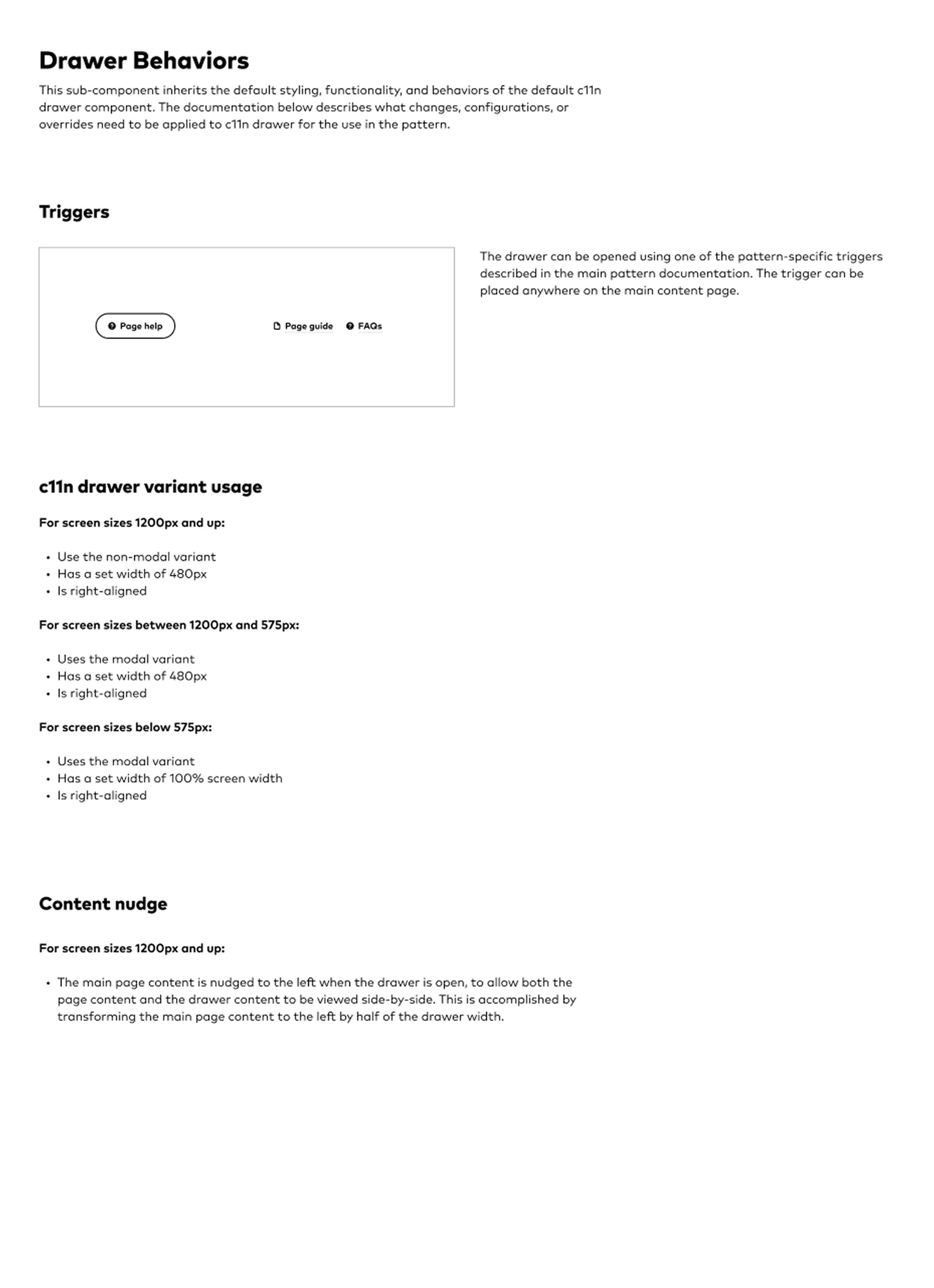 Drawer behaviors — triggers, responsive variant usage by screen size, and content nudge
