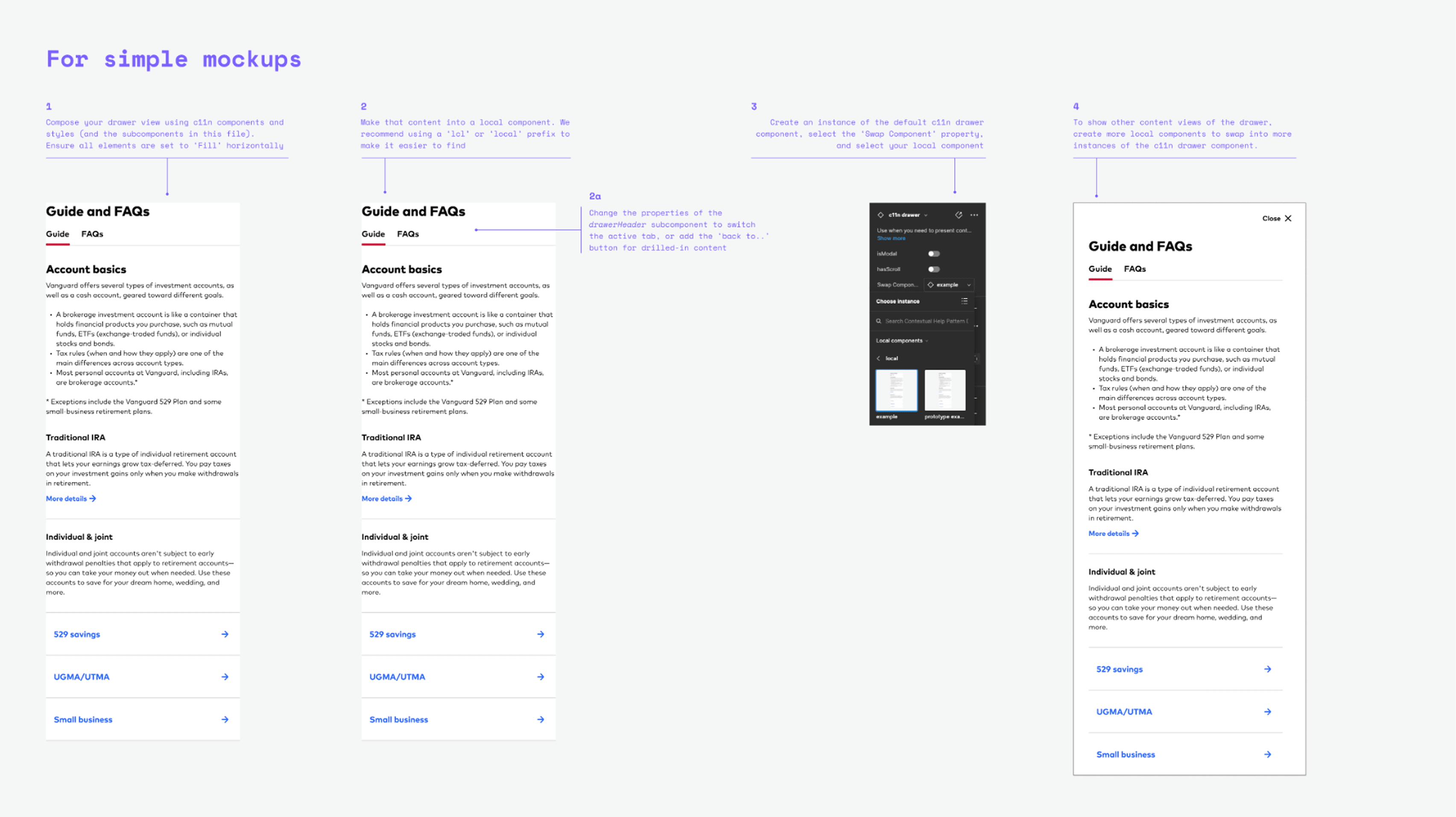 Step-by-step guidance for composing simple drawer mockups from c11n components