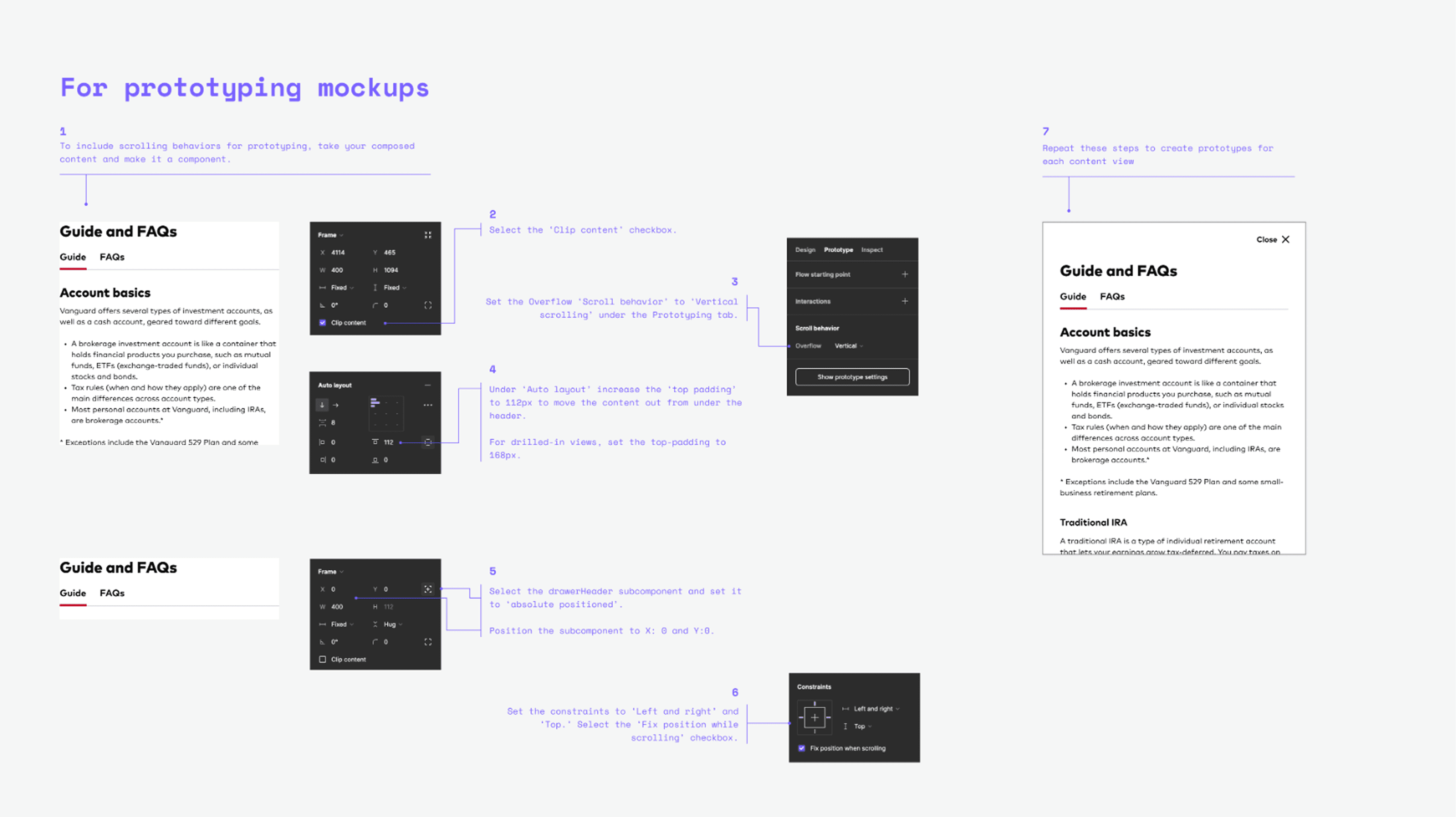 Step-by-step guidance for building prototyping mockups with scroll and sticky-header behavior