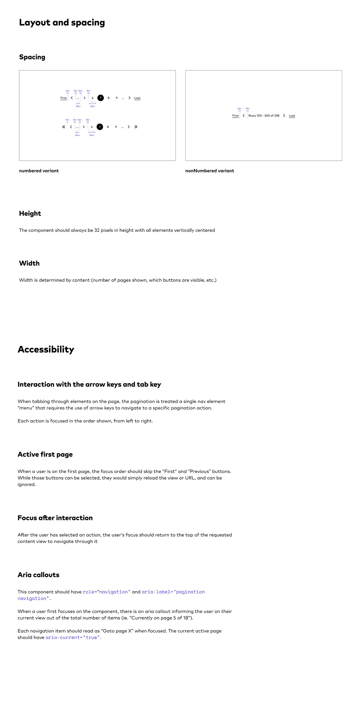 Pagination spec — layout and spacing measurements plus accessibility notes for keyboard interaction and ARIA callouts